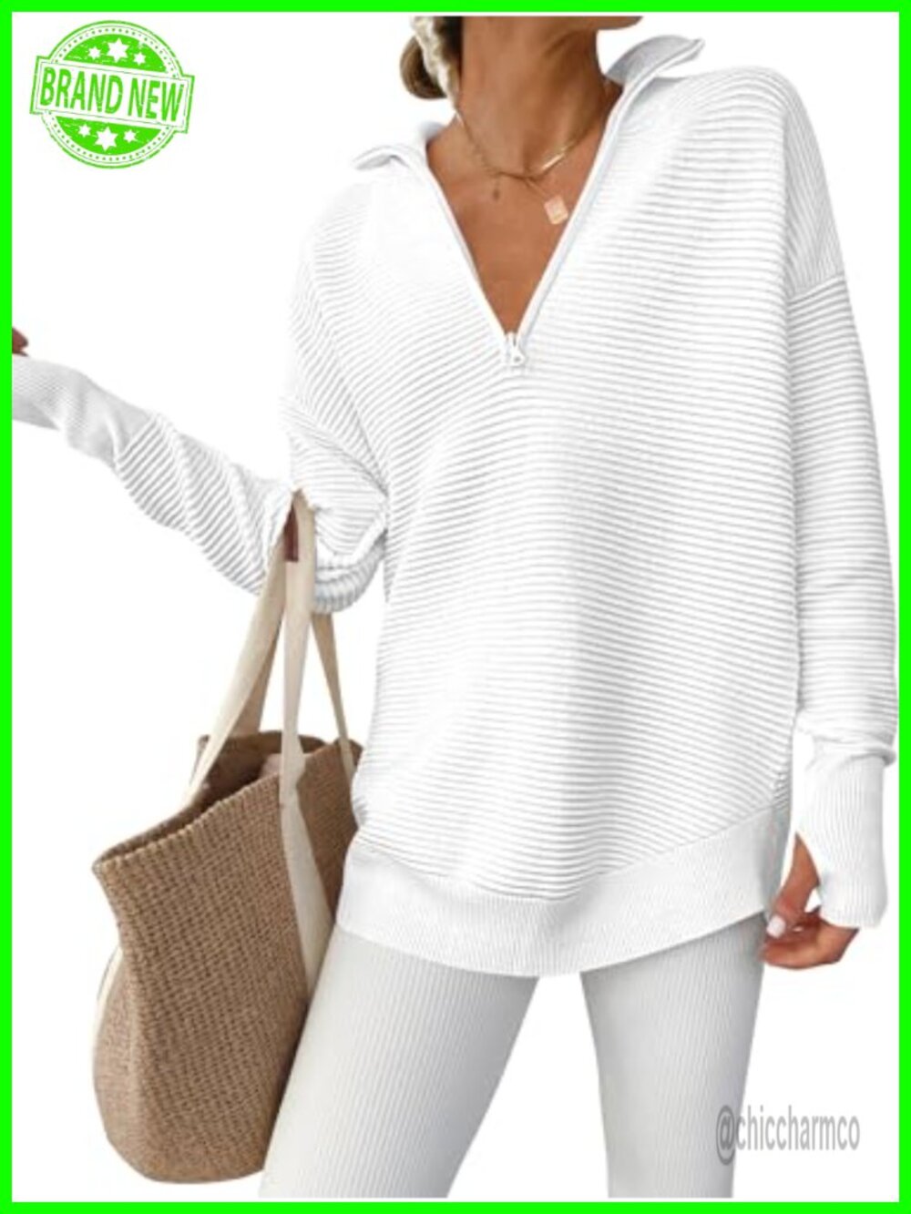 Women Rib Knit Quarter Zip Pullover Sweater V Neck Long Sleeve Thumbholes